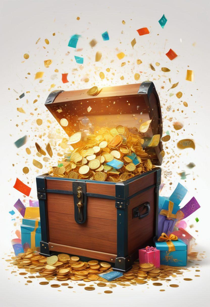 A vibrant, colorful illustration of a treasure chest overflowing with gold coins, gift cards, and unique prizes, surrounded by confetti and excited people of diverse backgrounds celebrating around it. In the background, a computer screen displaying an online giveaway dashboard adds a modern twist. The atmosphere is festive and whimsical, inviting viewers into the world of online prizes. Bright colors and cheerful expressions enhance the joyful theme. cartoon style. vibrant colors. white background.