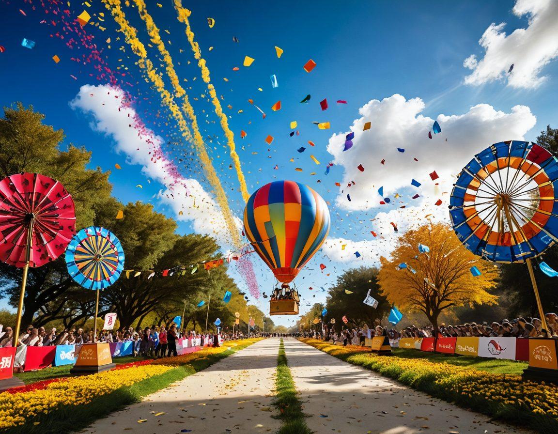 A vibrant roadmap winding through a fantastical landscape, dotted with golden trophies and shining contest tickets. Along the path, enthusiastic participants of diverse backgrounds celebrating their victories, with confetti falling around them. The backdrop features a bright sun with rays indicating success, while clouds shaped like winning symbols float above. Playful elements like spinning wheels and fun icons represent various contests. super-realistic. vibrant colors. playful style.