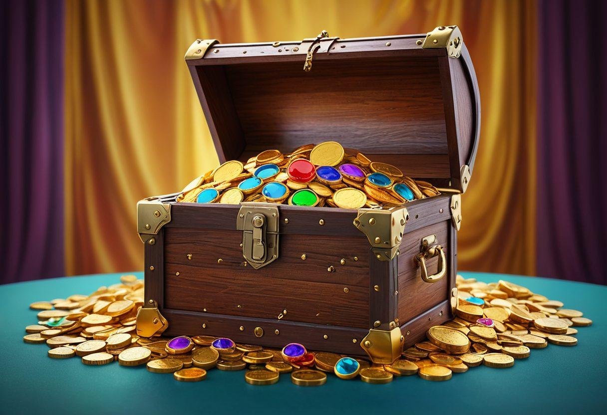 A treasure chest overflowing with golden coins and sparkling jewels, symbolizing the rewards of winning contests. In the background, an array of colorful online contest banners and digital devices like laptops and smartphones, showcasing various contests. Bright, inviting colors to evoke excitement and opportunity. An open guidebook with tips for success subtly integrated into the scene. vibrant colors. 3D.